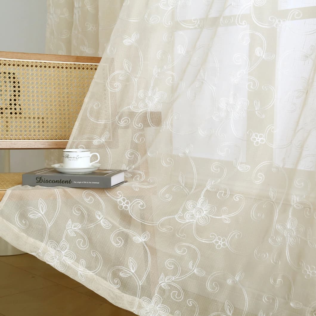 Elegant Embroidery Faux Linen Grommet Curtains 52x90 Taupe (4 Panels)