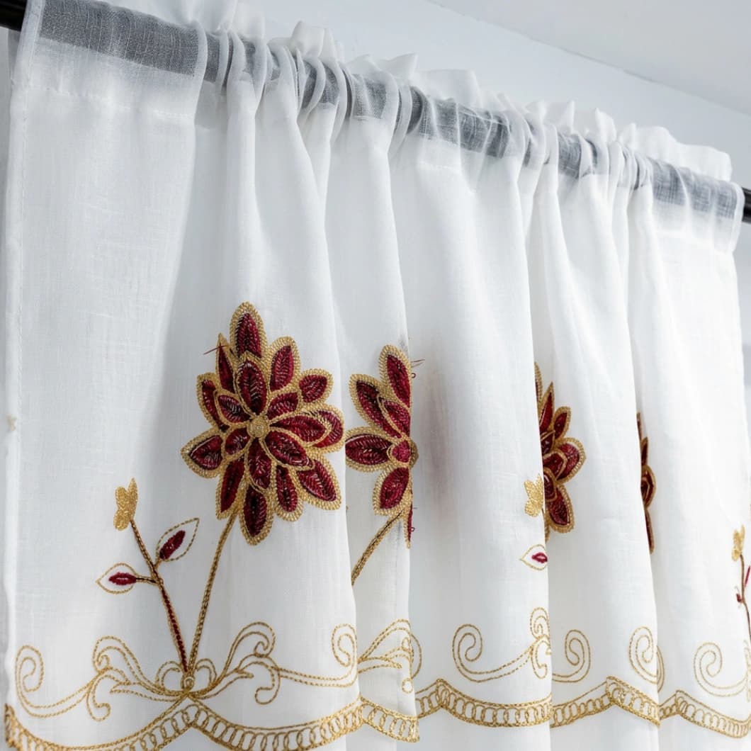 Embroidery Doli Sheer Rod Pocket Decorative Curtains 52x84 Inch Burgundy (4 Panels)