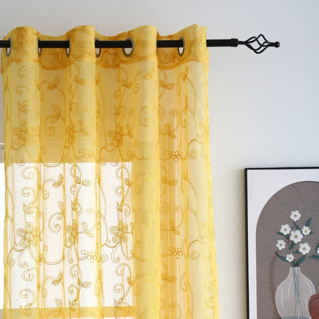 Elegant Embroidery Faux Linen Grommet Curtains 52x90 Yellow (4 Panels)