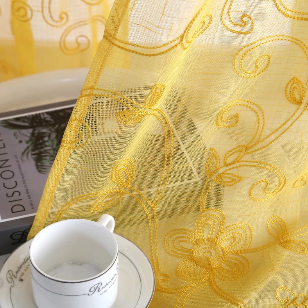 Elegant Embroidery Faux Linen Grommet Curtains 52x90 Yellow (4 Panels)