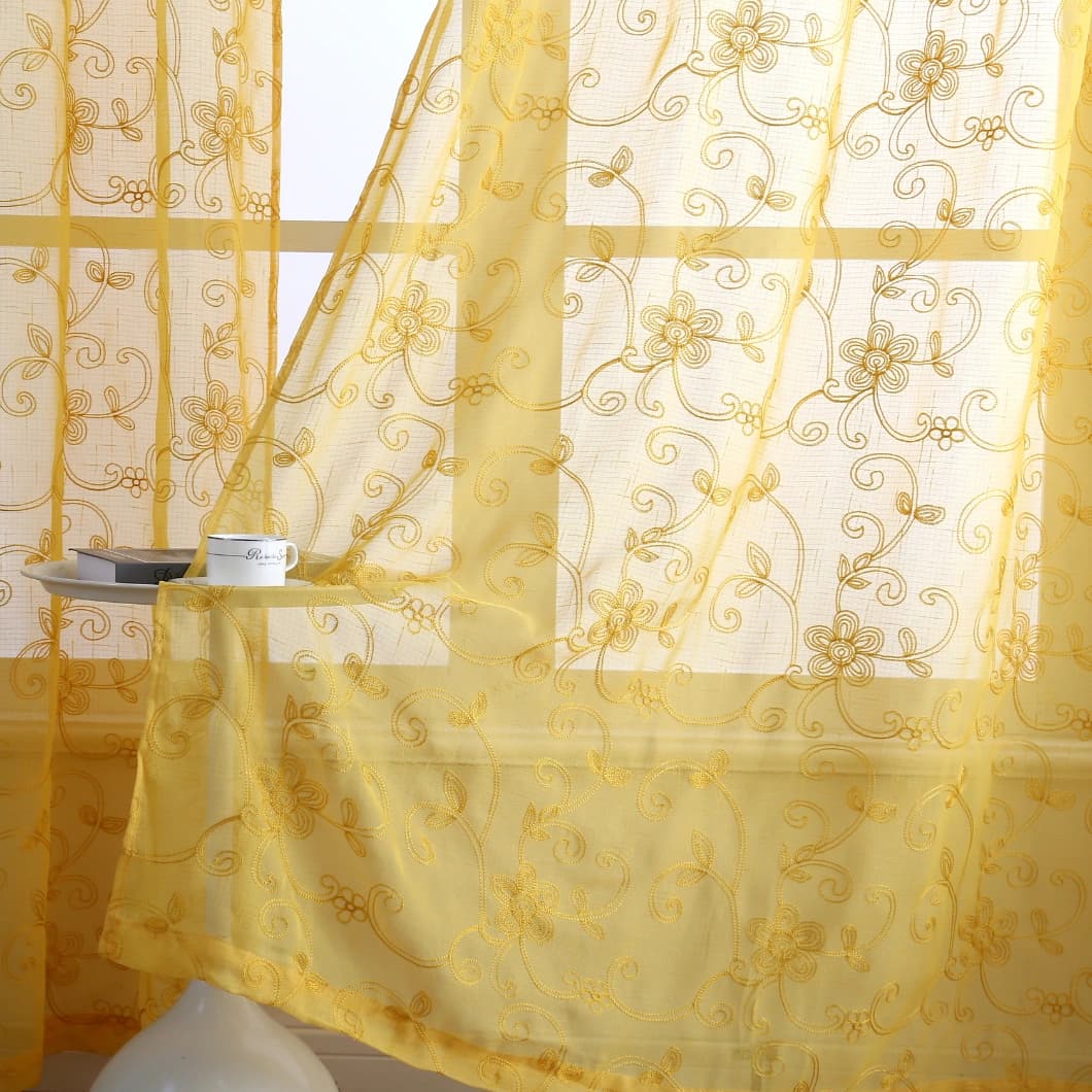 Elegant Embroidery Faux Linen Grommet Curtains 52x90 Yellow (4 Panels)