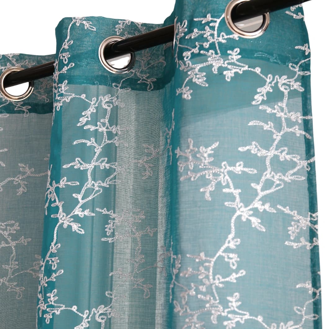 Embroidery Sheer Grommet Decorative Curtains 34x95 Inch Teal- 4 Panels