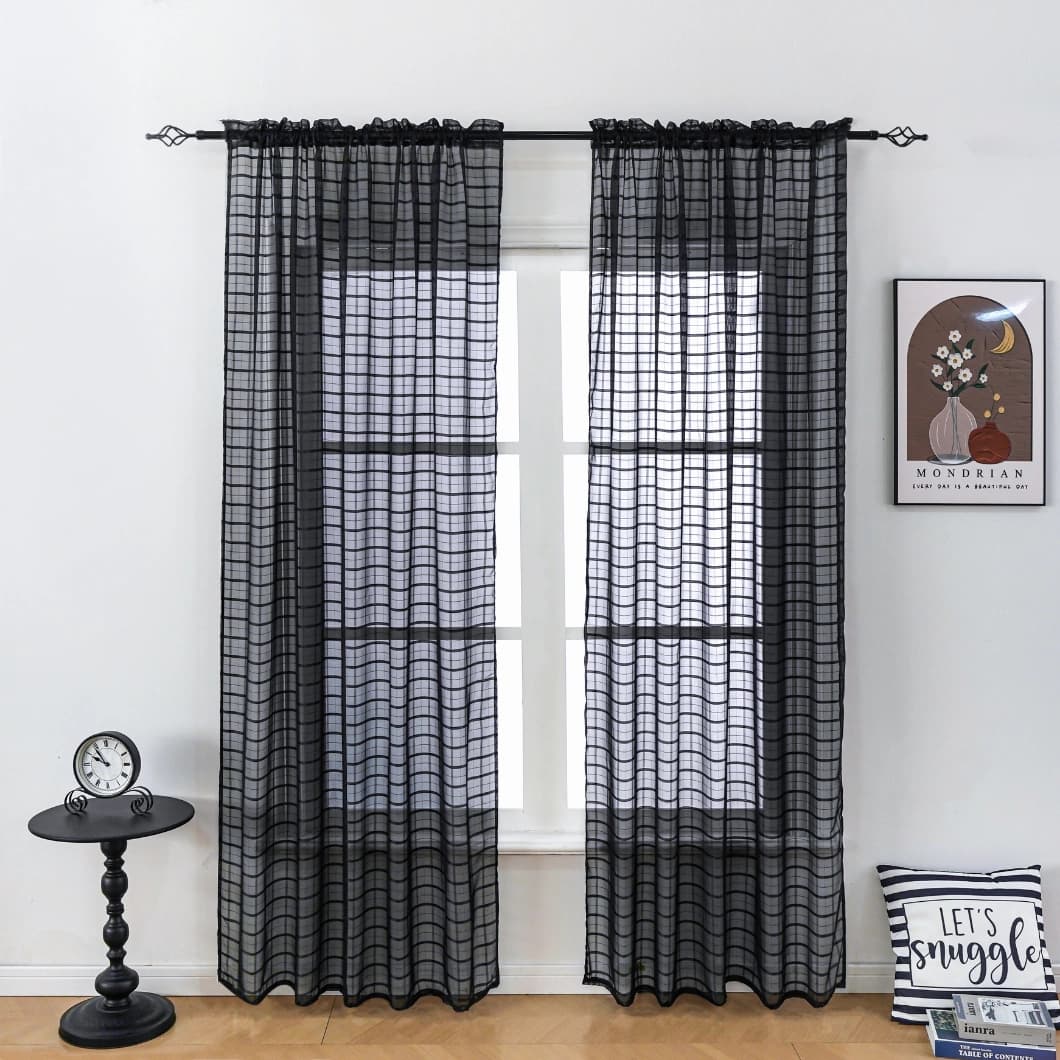 Plaid Voile Sheer Rod Pocket Curtains 52x84 Black (4 Panels)
