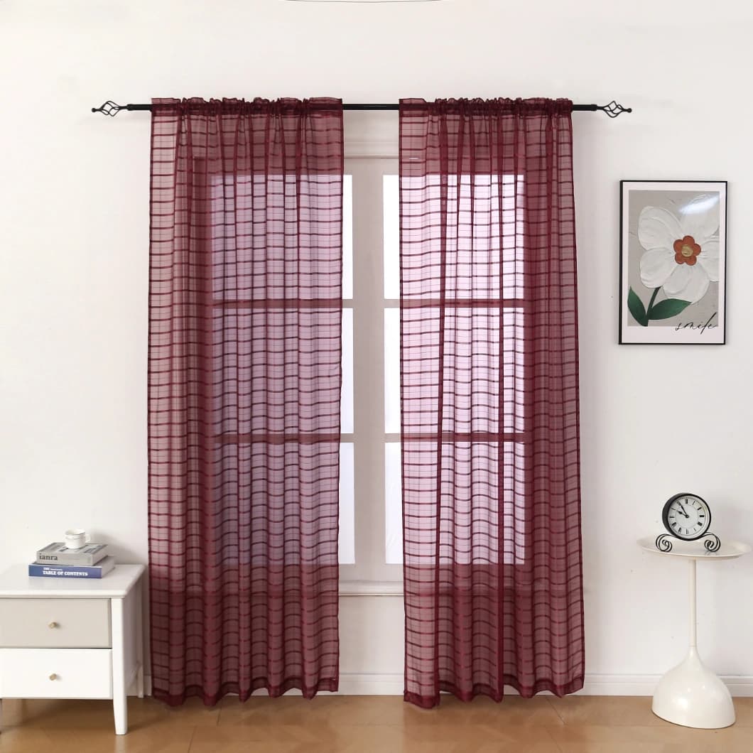 Plaid Voile Rod Pocket Curtains 52x84 Burgundy (4 Panels)