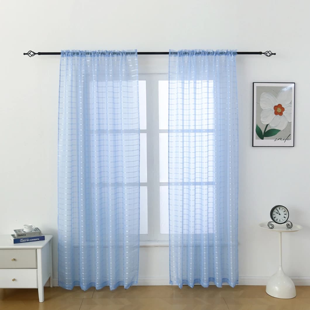 Plaid Voile Rod Pocket Sheer Curtains 52x84 Sky Blue (4 Panels)