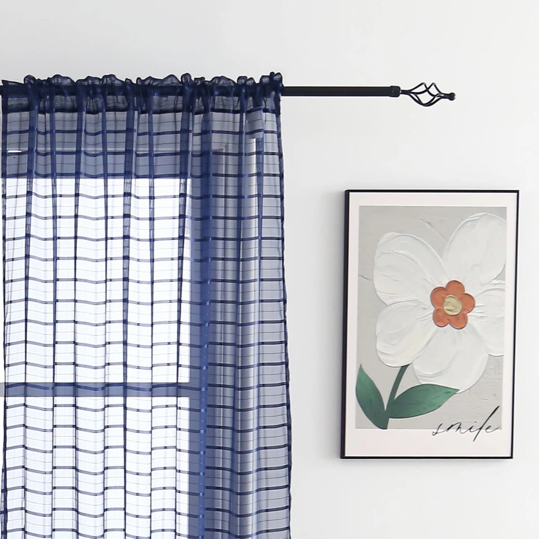 Plaid Voile Rod Pocket Curtains 52x84 Navy Blue (4 Panels)