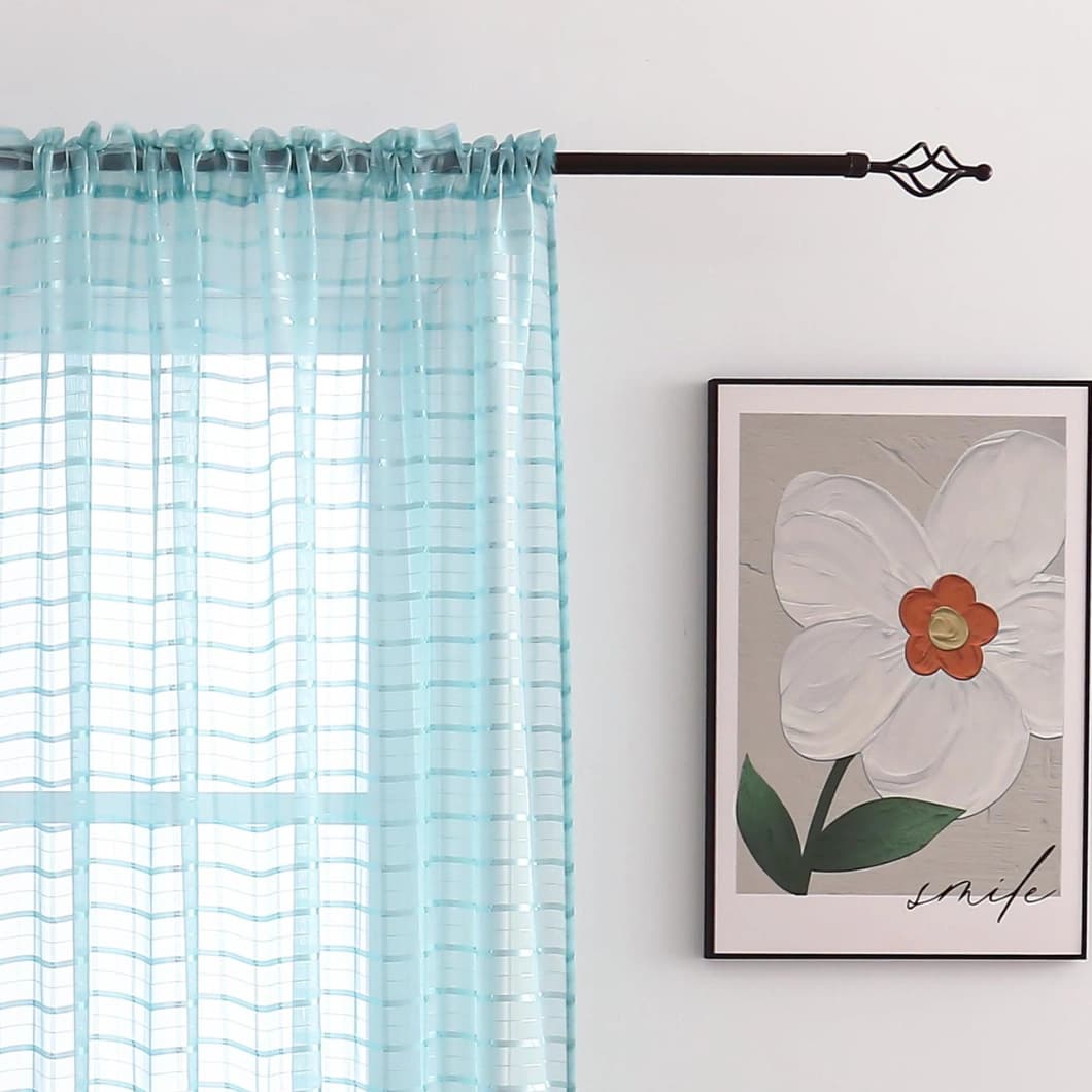 Plaid Voile Rod Pocket Sheer Curtains 52x84 Aqua (4 Panels)