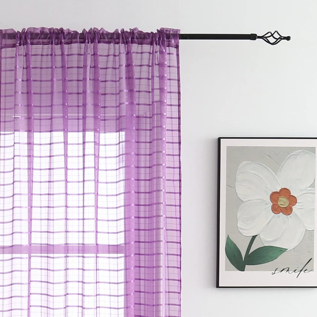 Plaid Voile Sheer Rod Pocket Curtains 52x84 Purple (4 Panels)