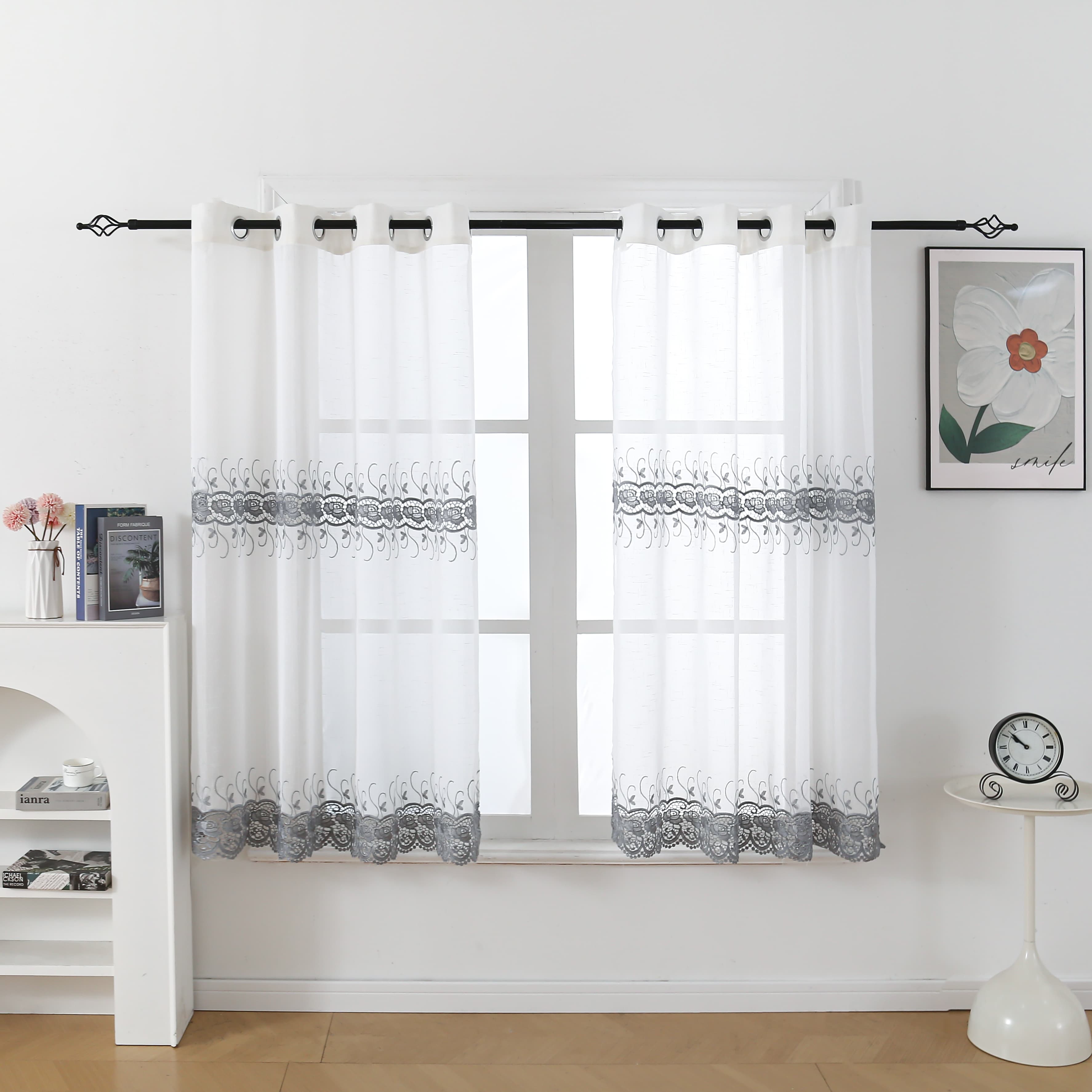 Macrame Embroidery Bohemian Faux Linen Kitchen Curtains 52x60 Grommet Silver (1 pair)
