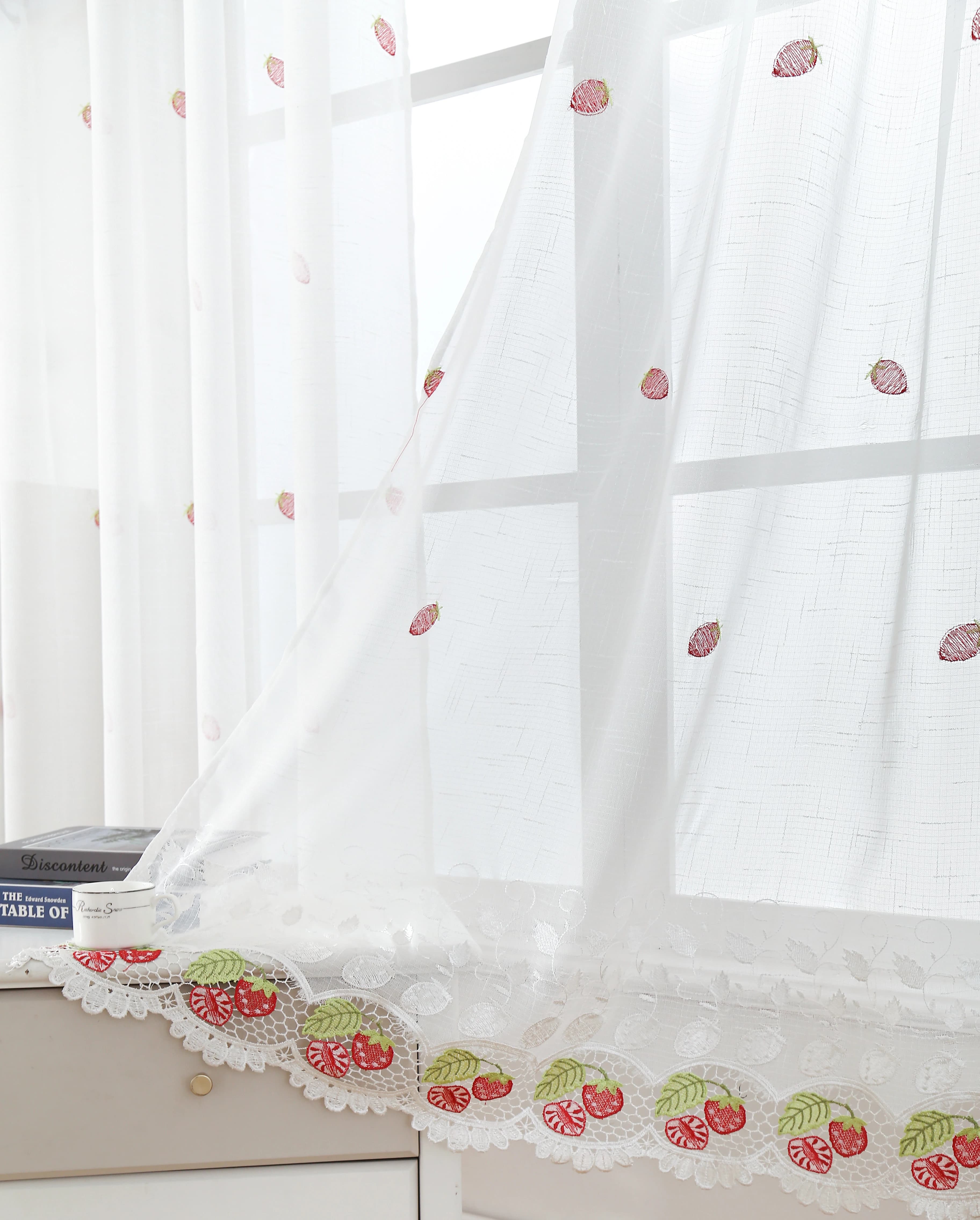 Macrame Embroidery Faux Linen Kitchen Curtains 52x60 Grommet Strawberry (1 pair)